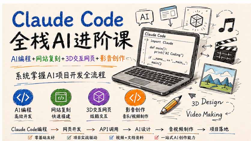 (19735期)Claude Code全栈AI进阶课;AI编程+网站复刻+3D交互网页+影音创作,系统掌握AI项目开发全流程-网赚副业网