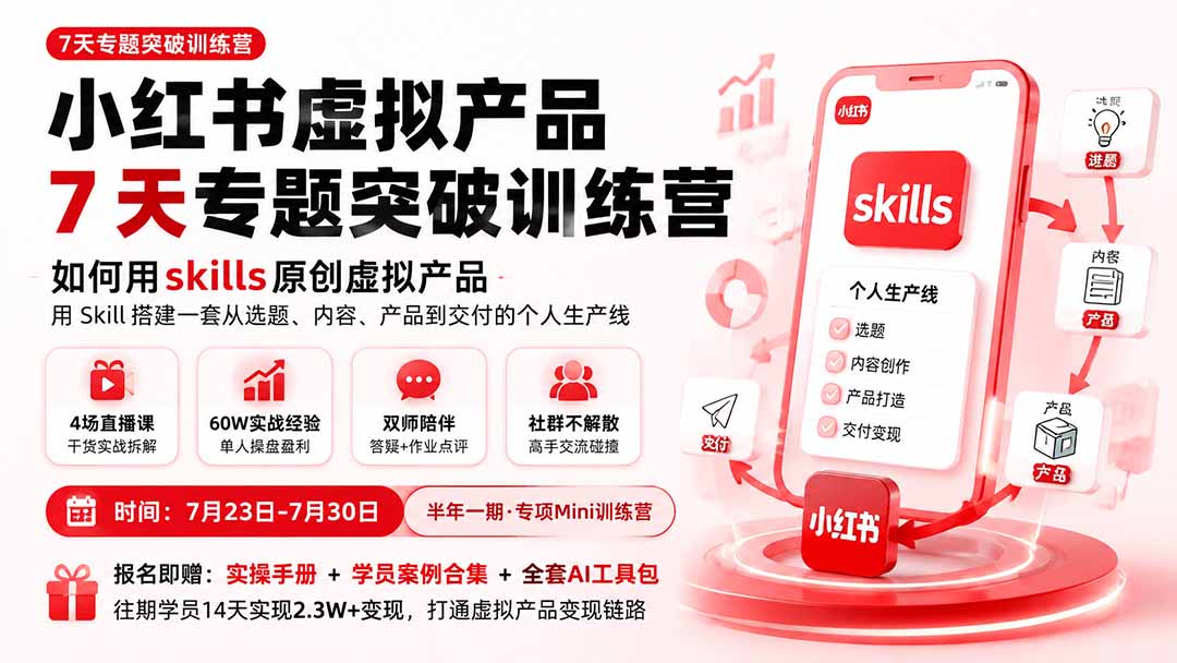 (19817期)小红书虚拟产品7天专题突破训练营,如何用skills原创虚拟产品,用Skil搭建一套从选题、内容、产品到交付的个人生产线-网赚副业网