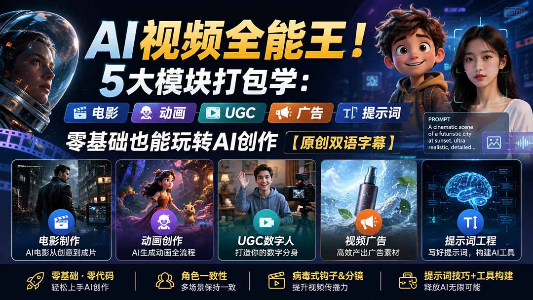 (20048期)AI视频全能王!5大模块打包学:电影、动画、UGC、广告、提示词,零基础也能玩转AI创作【原创双语字幕】-网赚副业网