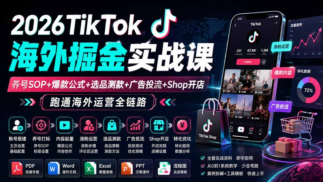 (19973期)2026TikTok海外掘金实战课——养号SOP+爆款公式+选品测款+广告投流+Shop开店,跑通海外运营全链路-网赚副业网