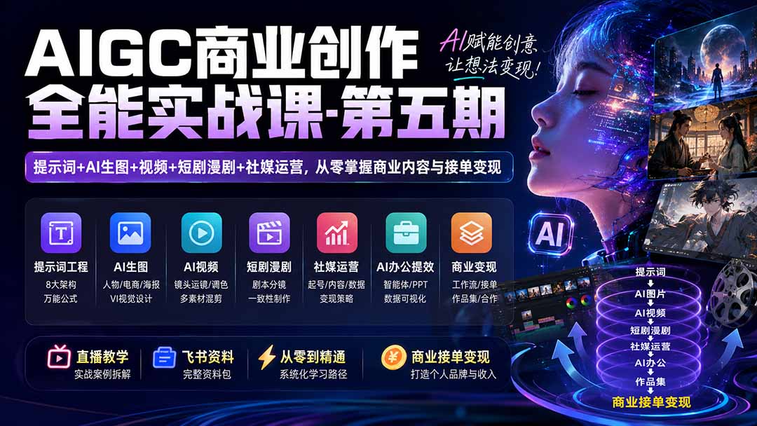 (19753期)AIGC商业创作全能实战课-第五期:提示词+AI生图+视频+短剧漫剧+社媒运营,从零掌握商业内容与接单变现-网赚副业网