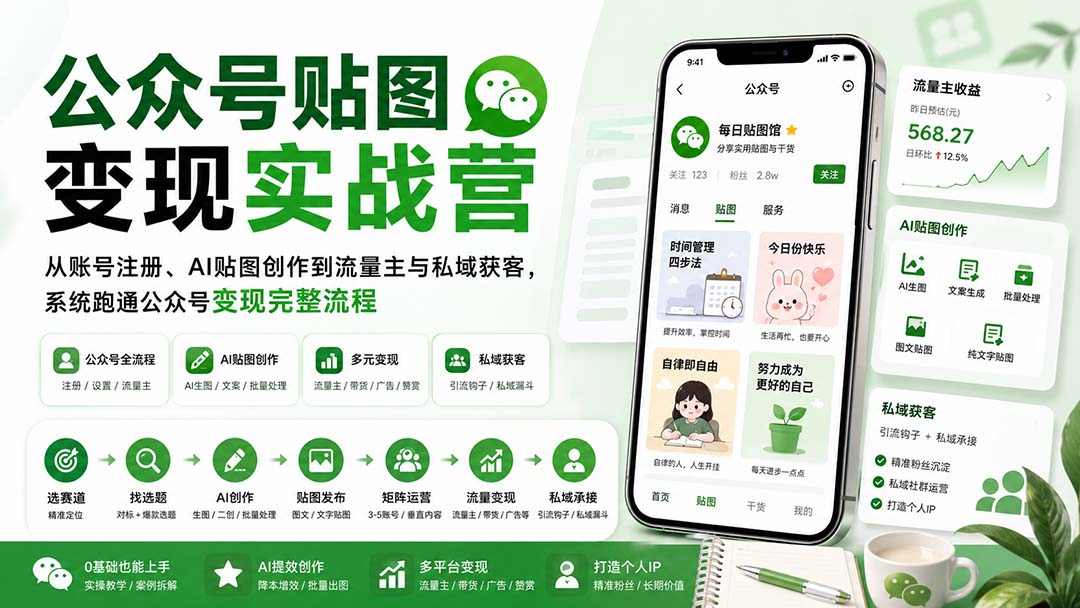 (20120期)公众号贴图变现实战营:从账号注册、AI贴图创作到流量主与私域获客,系统跑通公众号变现完整流程插图1 (20120期)公众号贴图变现实战营:从账号注册、AI贴图创作到流量主与私域获客,系统跑通公众号变现完整流程插图1