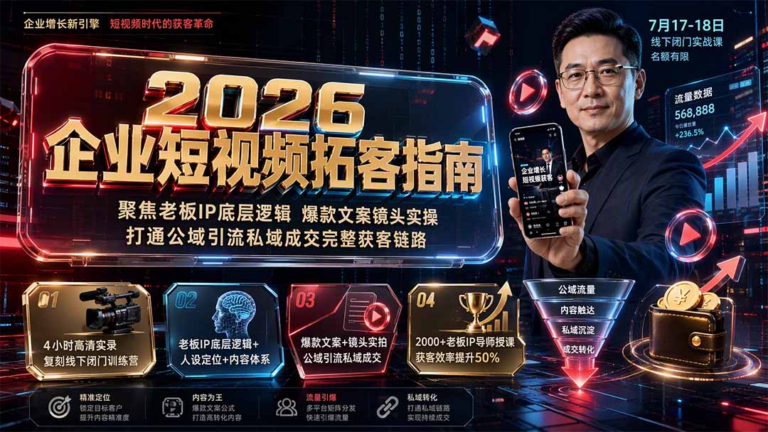 (19667期)2026企业短视频拓客指南:聚焦老板IP底层逻辑,爆款文案镜头实操,打通公域引流私域成交完整获客链路插图 (19667期)2026企业短视频拓客指南:聚焦老板IP底层逻辑,爆款文案镜头实操,打通公域引流私域成交完整获客链路插图