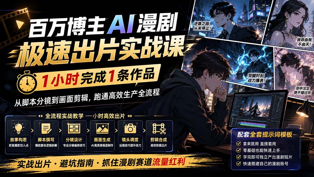 (20173期)百万博主AI漫剧极速出片实战课:1小时产出条作品,从脚本分镜到画面剪辑,跑通高效生产全流程插图1 (20173期)百万博主AI漫剧极速出片实战课:1小时产出条作品,从脚本分镜到画面剪辑,跑通高效生产全流程插图1