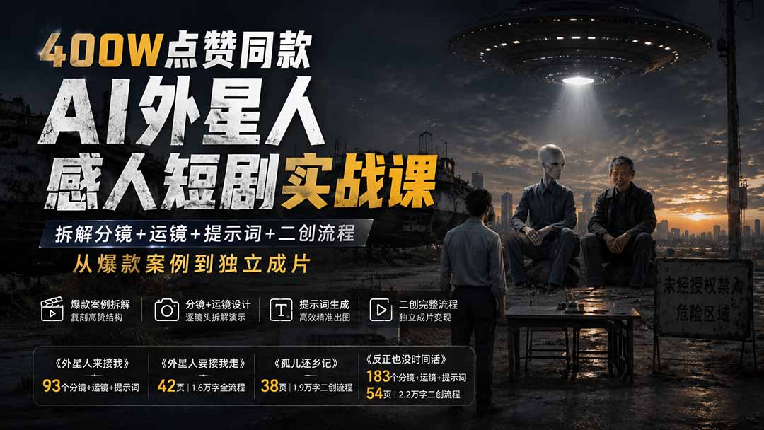 (20052期)400W点赞同款AI外星人感人短剧实战课:拆解分镜+运镜+提示词+二创流程,从爆款案例到独立成片-网赚副业网