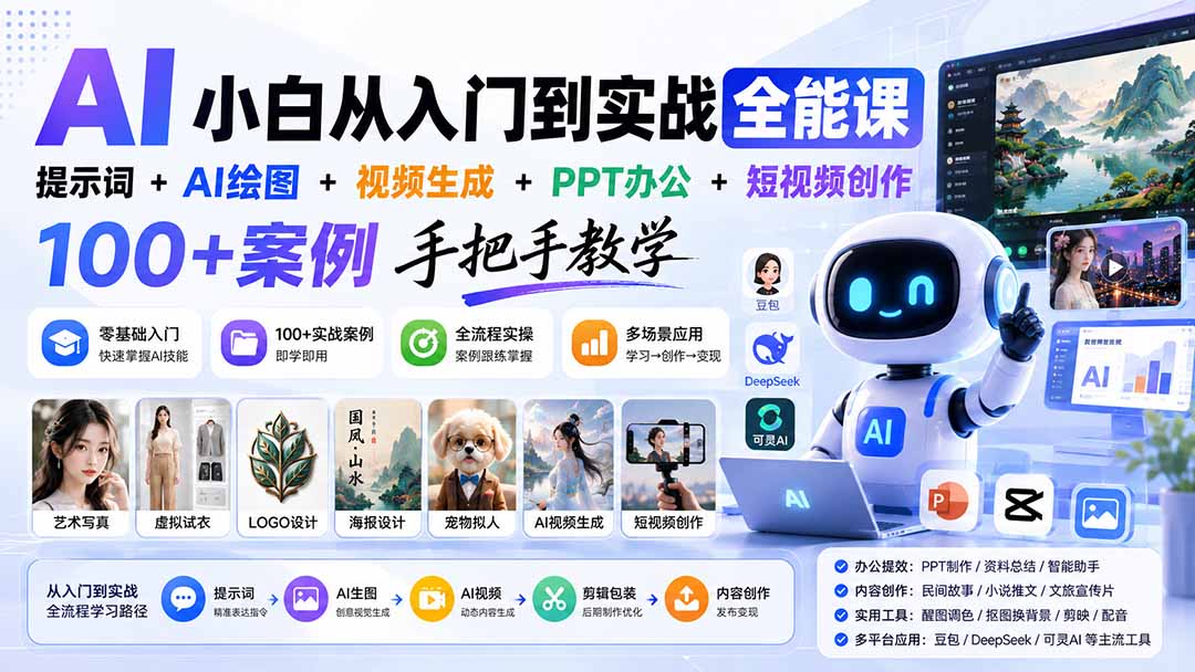 (20018期)AI小白从入门到实战全能课:提示词+AI绘图+视频生成+PPT办公+短视频创作,100+案例手把手教学插图 (20018期)AI小白从入门到实战全能课:提示词+AI绘图+视频生成+PPT办公+短视频创作,100+案例手把手教学插图