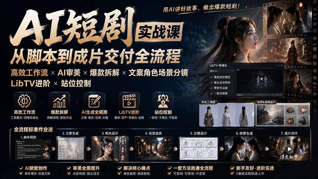 (19717期)AI短剧实战课:高效工作流×AI审美×爆款拆解×文案角色场景分镜×LibTV进阶×站位控制×从脚本到成片交付全流程-网赚副业网