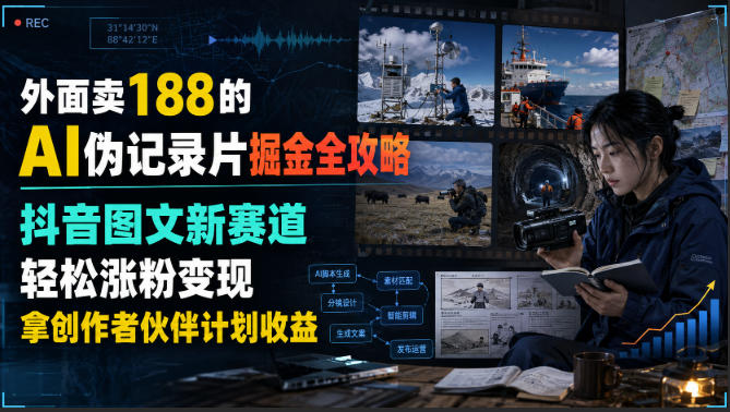 外面卖188的AI伪记录片掘金全攻略,抖音图文新赛道,轻松涨粉变现,拿创作者伙伴计划收益【文档】-网赚副业网