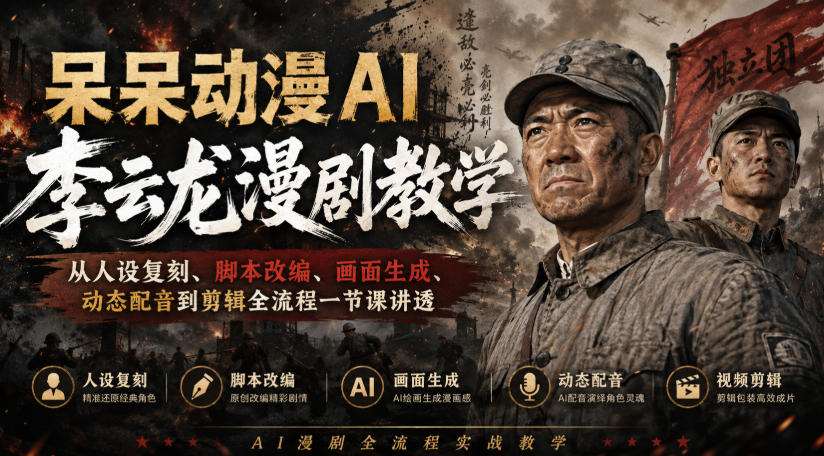 呆呆动漫AI李云龙漫剧教学,从人设复刻、脚本改编、画面生成、动态配音到剪辑全流程一节课讲透-网赚副业网