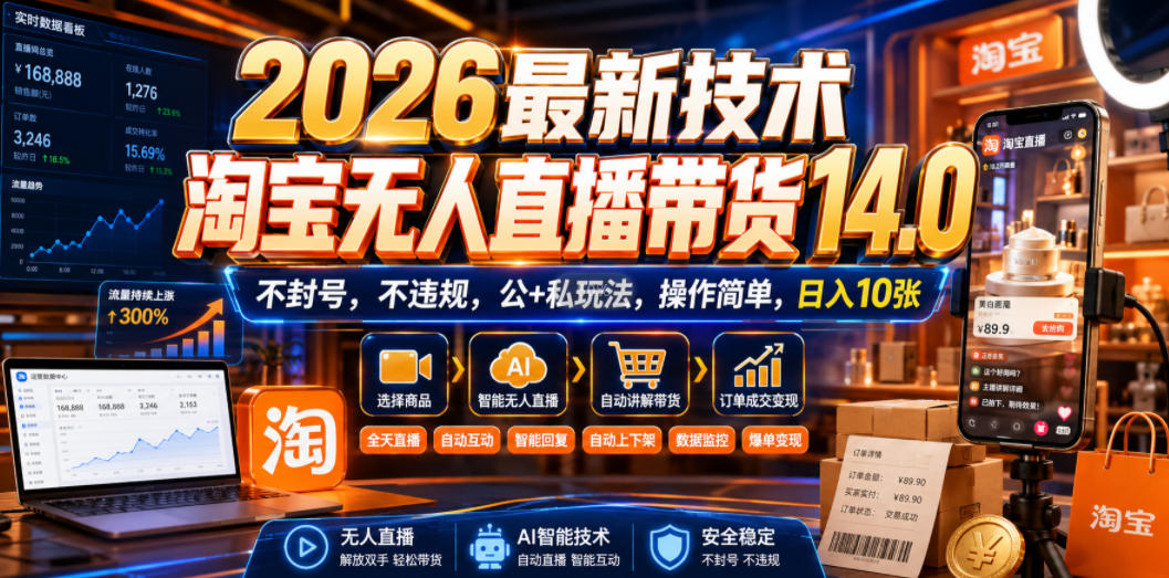 2026最新技术,淘宝无人直播带货14.0,不封号,不违规,公+私玩法,操作简单,日入10张【揭秘】插图 2026最新技术,淘宝无人直播带货14.0,不封号,不违规,公+私玩法,操作简单,日入10张【揭秘】插图