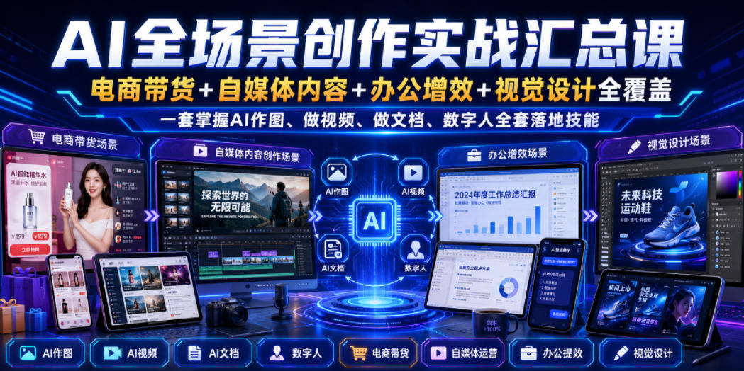 AI全场景创作实战汇总课｜电商带货+自媒体内容+办公增效+视觉设计全覆盖，一套掌握AI作图、做视频、做文档、数字人全套落地技能-网赚副业网