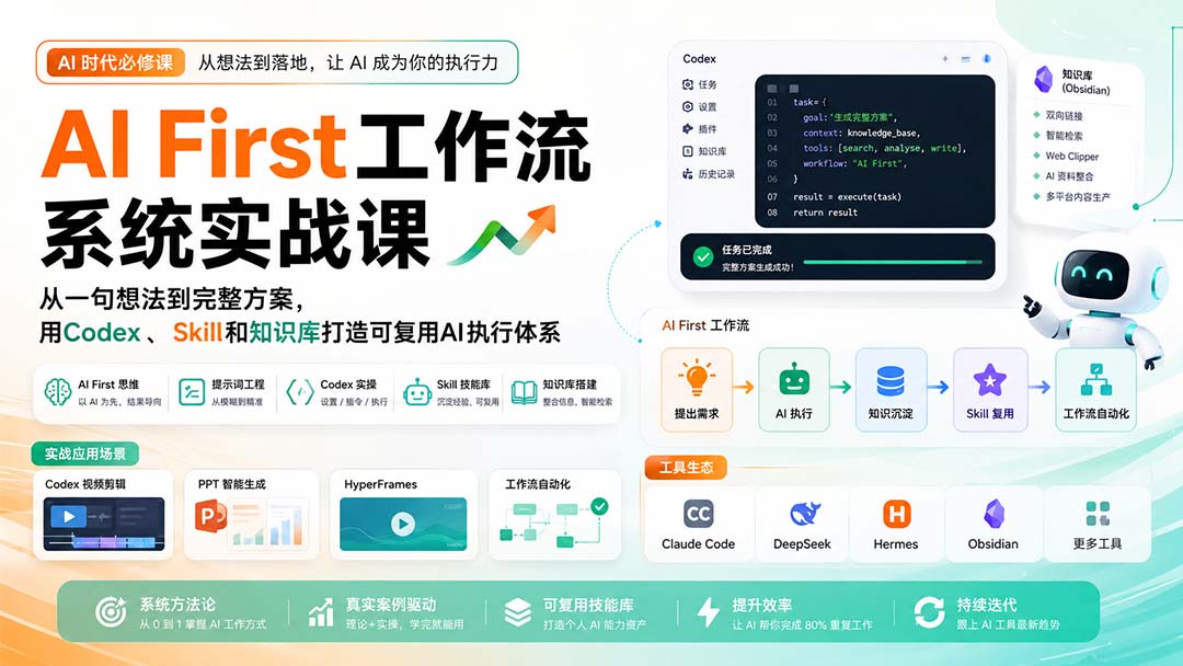 (20104期)AI First工作流系统实战课:从一句想法到完整方案,用Codex、Skill和知识库打造可复用AI执行体系-网赚副业网