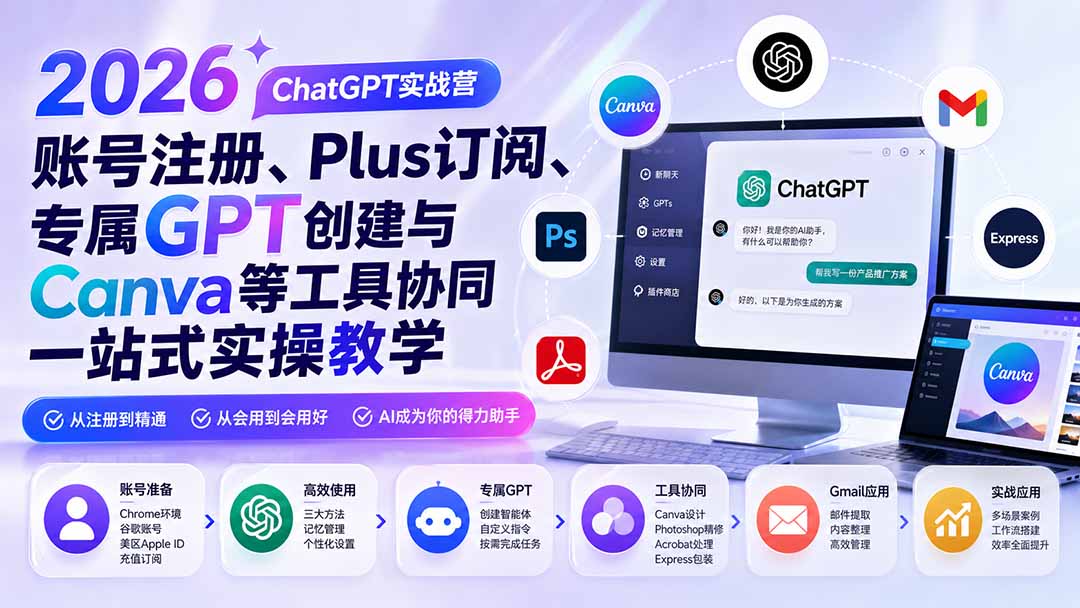 (19924期)2026 ChatGPT实战营;账号注册、Plus订阅、专属GPT创建与Canva等工具协同一站式实操教学插图1 (19924期)2026 ChatGPT实战营;账号注册、Plus订阅、专属GPT创建与Canva等工具协同一站式实操教学插图1