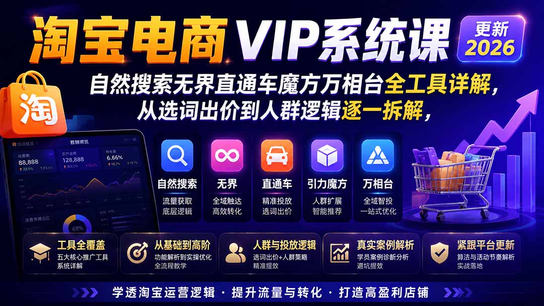 (20035期)淘宝电商VIP系统课-更新8月;自然搜索无界直通车魔方万相台全工具详解,从选词出价到人群逻辑逐一拆解-网赚副业网