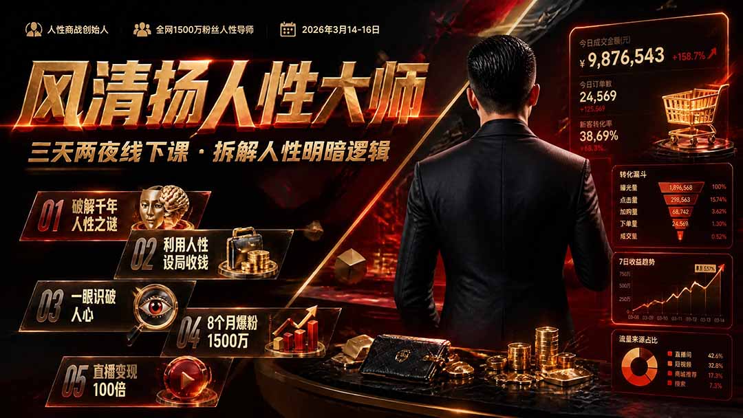 (19676期)风清扬人性大师-三天两夜3月14-16线下课2026年|拆解人性明暗逻辑,识人避坑,千万粉涨粉+直播百倍变现实战教学插图 (19676期)风清扬人性大师-三天两夜3月14-16线下课2026年|拆解人性明暗逻辑,识人避坑,千万粉涨粉+直播百倍变现实战教学插图