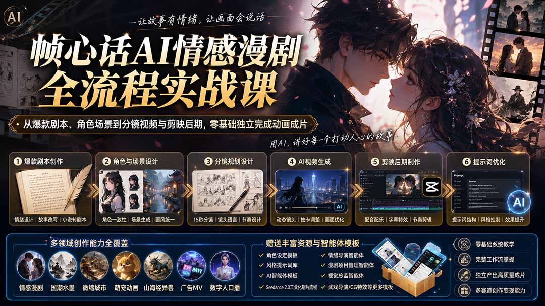 (20036期)帧心话AI情感漫剧全流程实战课:从爆款剧本、角色场景到分镜视频与剪映后期,零基础独立完成动画成片-网赚副业网