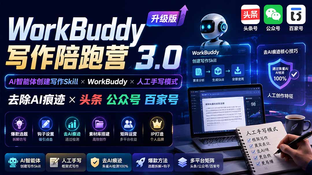 (19720期)WorkBuddy写作陪跑营3.0-更新:Ai智能体创建写作Skill×WorkBuddy×人工手写模式×去除AI痕迹×头条公众号百家号-网赚副业网