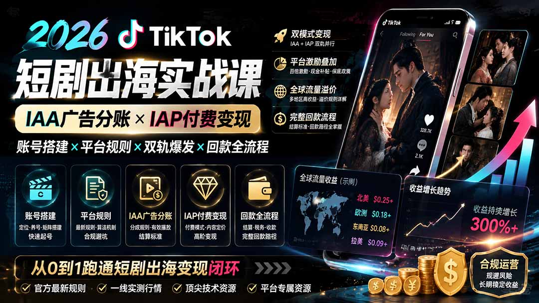 (19740期)2026TikTok短剧出海实战课:IAA广告分账×IAP付费变现×账号搭建×平台规则×双轨爆发×回款全流程-网赚副业网