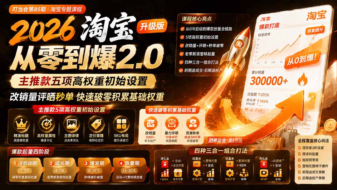 (19742期)2026淘宝从零到爆2.0第85期;主推款五项高权重初始设置,改销量评晒秒单快速破零积累基础权重-网赚副业网