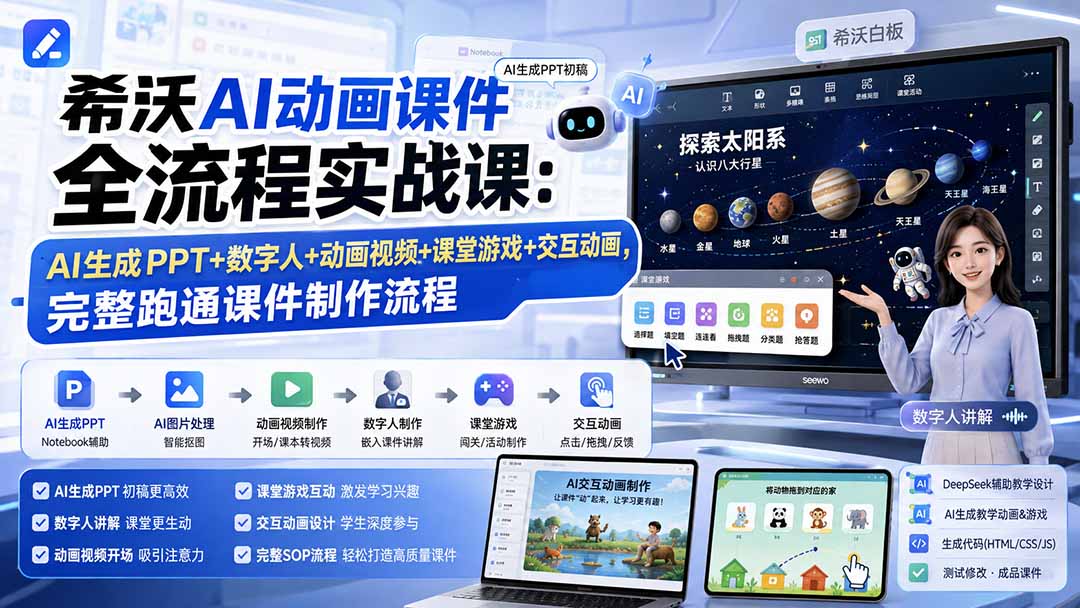 （19743期）希沃AI动画课件全流程实战课：AI生成PPT+数字人+动画视频+课堂游戏+交互动画，完整跑通课件制作流程-网赚副业网