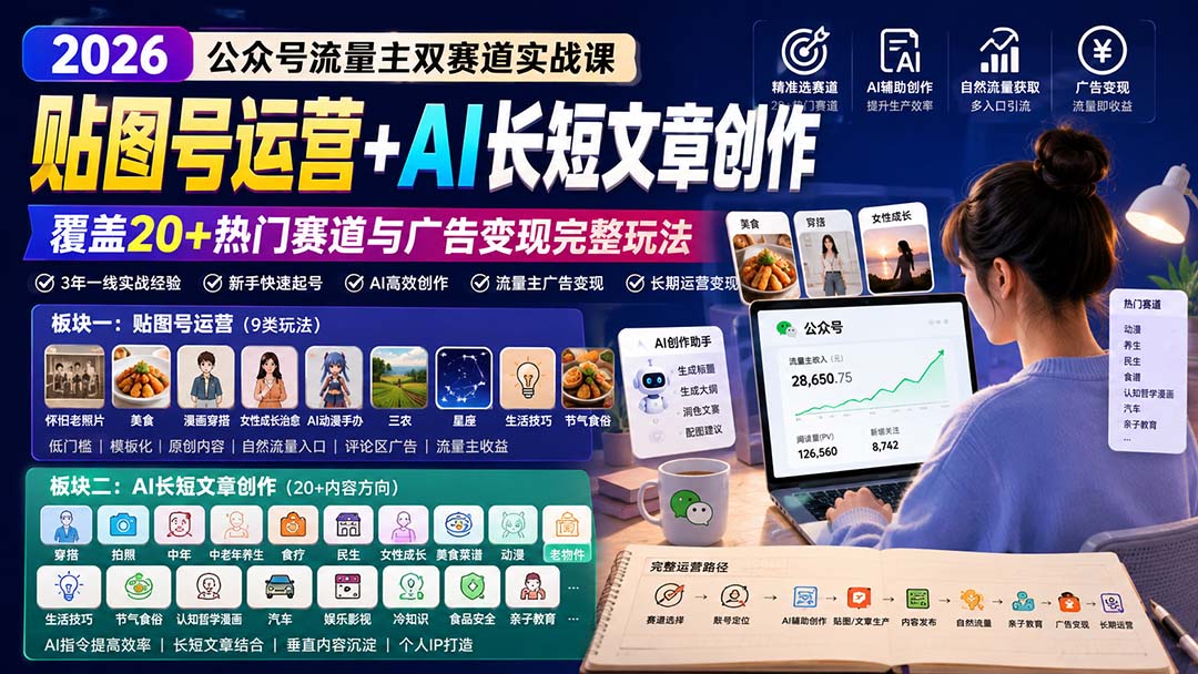 (20153期)公众号流量主双赛道实战课:贴图号运营+AI长短文章创作,覆盖20+热门赛道与广告变现完整玩法-网赚副业网