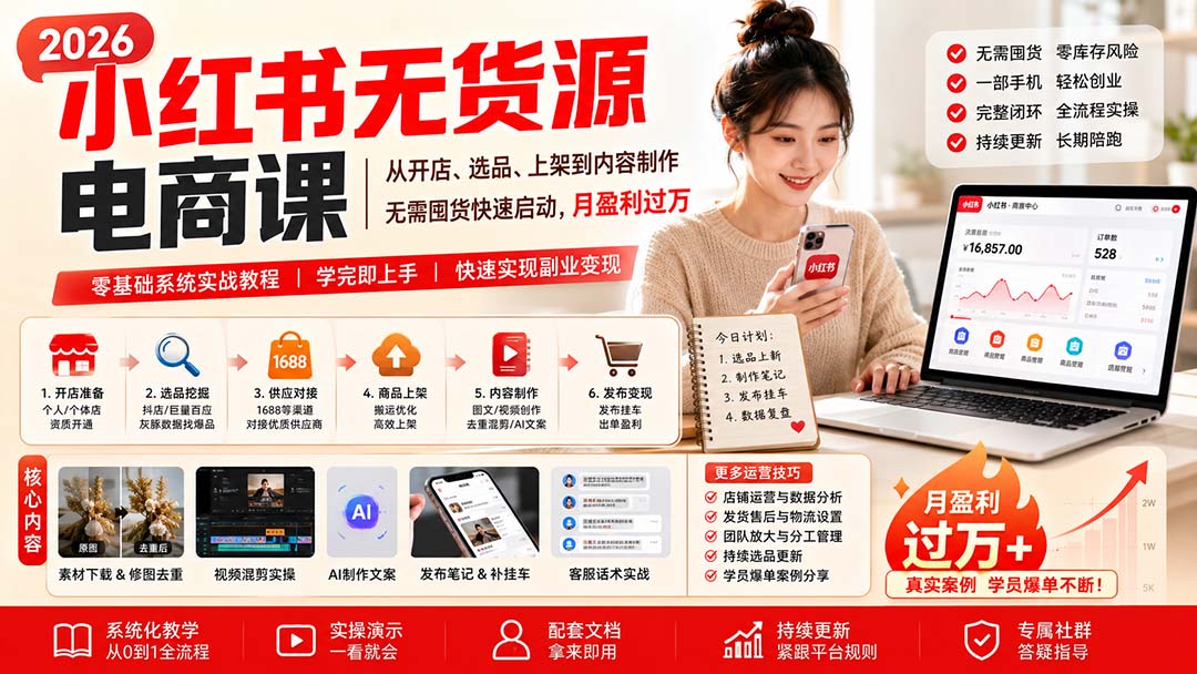 (20154期)小红书无货源电商课(8月30更新):从开店、选品、上架到内容制作,无需囤货快速启动,月盈利过万-网赚副业网