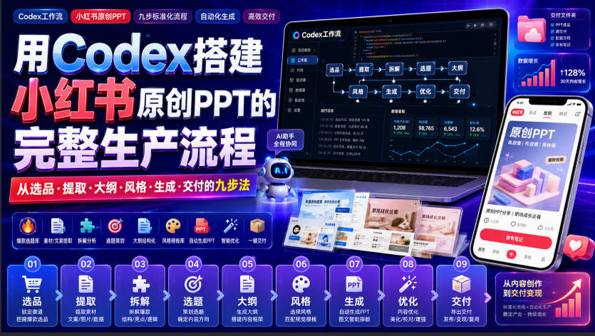 用Codex搭建小红书原创PPT的完整生产流程，从选品·提取·大纲·风格·生成·交付的九步法-网赚副业网