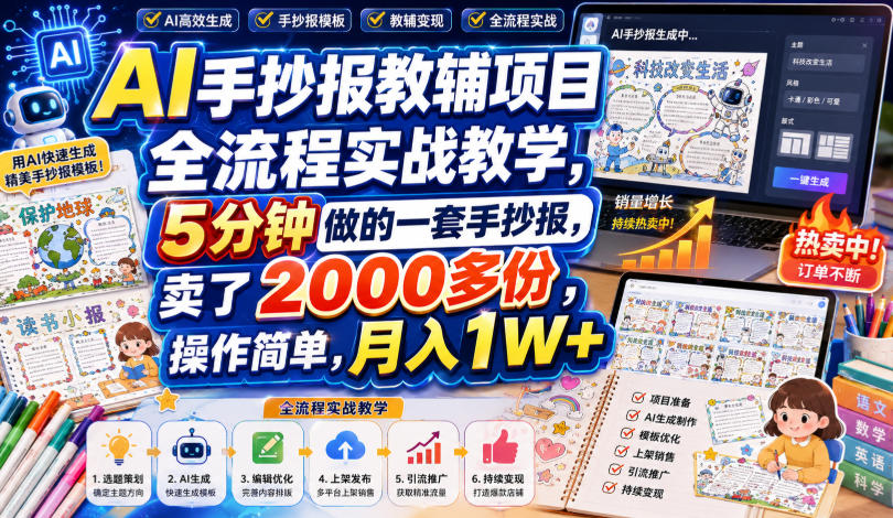 AI手抄报教辅项目全流程实战教学,5分钟做的一套手抄报,卖了2000多份,操作简单,月入1W+-网赚副业网