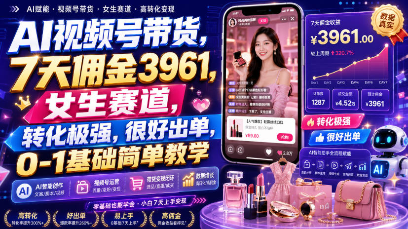 AI视频号带货，7天佣金3961，女生赛道，转化极强，很好出单，0-1基础简单教学-网赚副业网