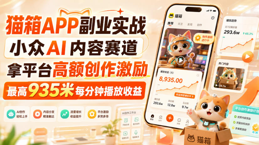 猫箱APP副业实战，小众AI内容赛道，拿平台高额创作激励，最高935米每分钟播放收益-网赚副业网