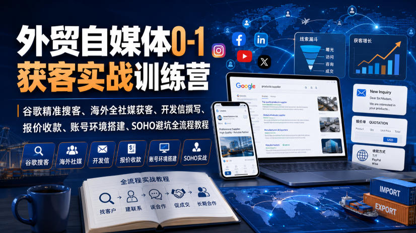 外贸自媒体0-1获客实战训练营|谷歌精准搜客、海外全社媒获客、开发信撰写、报价收款、账号环境搭建、SOHO避坑全流程教程-网赚副业网