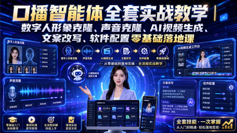 口播智能体全套实战教学｜数字人形象克隆、声音克隆、AI视频生成、文案改写、软件配置零基础落地课-网赚副业网
