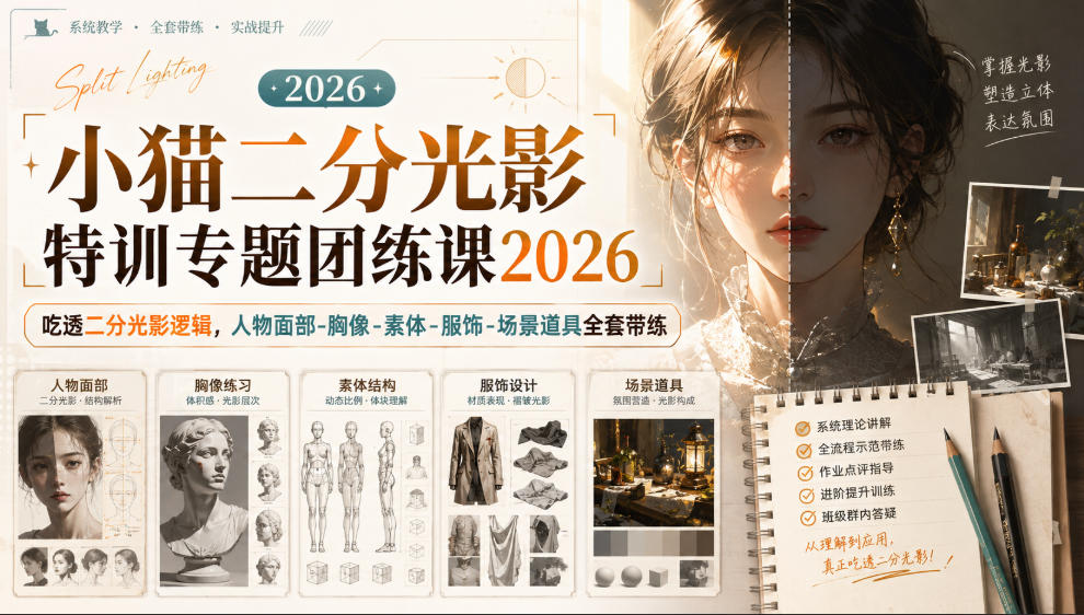 小猫二分光影特训专题团练课2026|吃透二分光影逻辑,人物面部‑胸像‑素体‑服饰‑场景道具全套带练,高清画质附赠课件与笔刷-网赚副业网