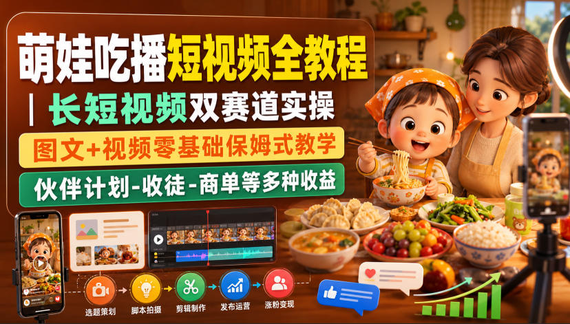 萌娃吃播短视频全教程|长短视频双赛道实操,图文+视频零基础保姆式教学,伙伴计划-收徒-商单等多种变现方式-网赚副业网