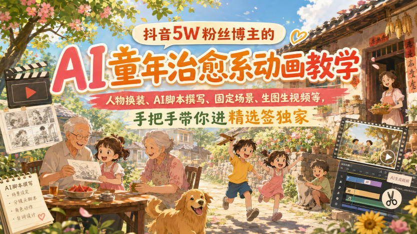 抖音5W粉丝博主的AI童年治愈系动画教学,人物换装、AI脚本撰写、固定场景、生图生视频等,手把手带你进精选签独家-网赚副业网