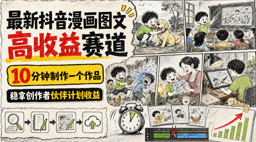 最新抖音漫画图文高收益赛道,10分钟制作一个作品,稳拿创作者伙伴计划收益-网赚副业网