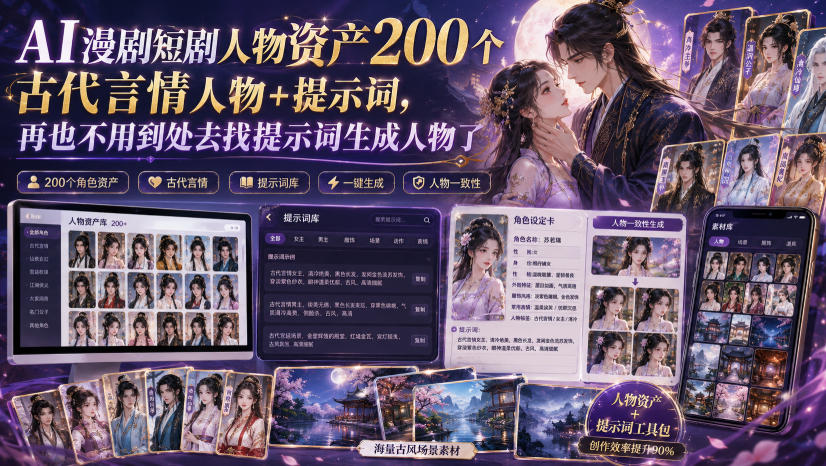 AI漫剧短剧人物资产200个古代言情人物+提示词,再也不用到处去找提示词生成人物了插图 AI漫剧短剧人物资产200个古代言情人物+提示词,再也不用到处去找提示词生成人物了插图