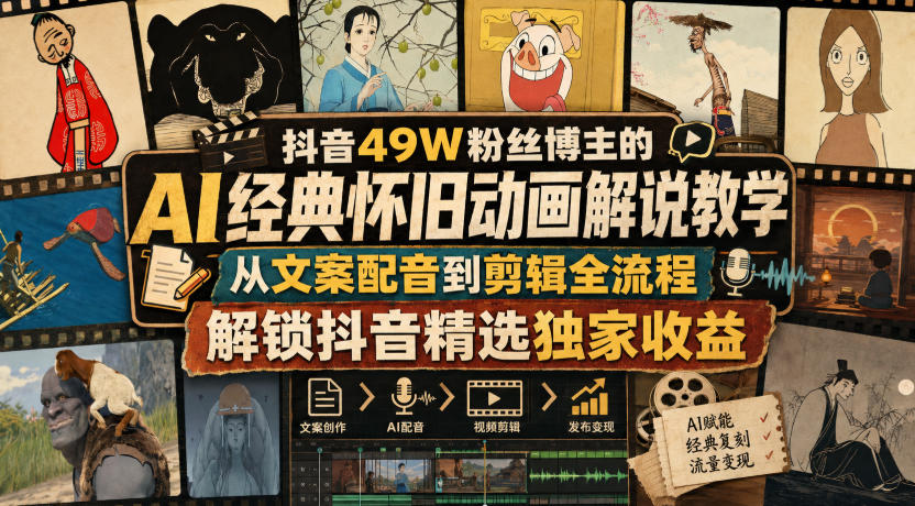 抖音49W粉丝博主的AI经典怀旧动画解说教学,从文案配音到剪辑全流程,解锁抖音精选独家收益-网赚副业网