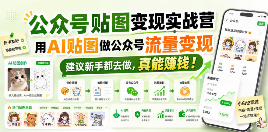 公众号贴图变现实战营,用AI贴图做公众号流量变现,建议新手都去做,真能賺钱!-网赚副业网