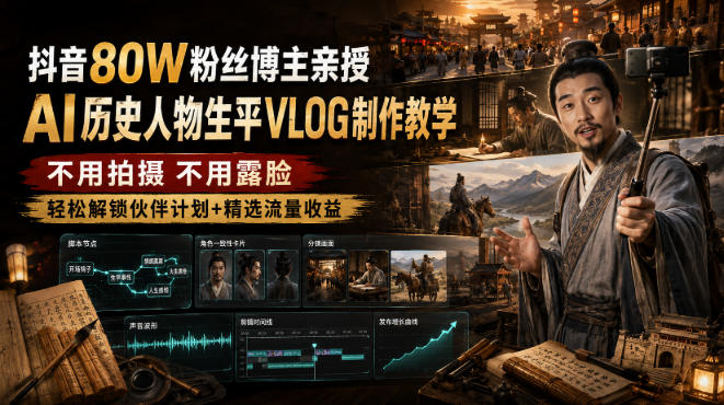 抖音80W粉丝博主的AI历史人物生平VLOG教学，不用拍摄不用露脸，AI帮你搞定，轻松解锁伙伴计划+精选收益-网赚副业网