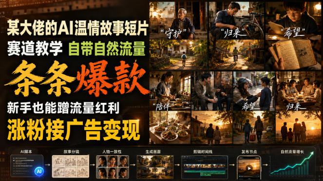 某大佬的AI温情故事短片赛道教学，自带自然流量，条条爆款，新手也能蹭流量红利，涨粉接广告变现-网赚副业网