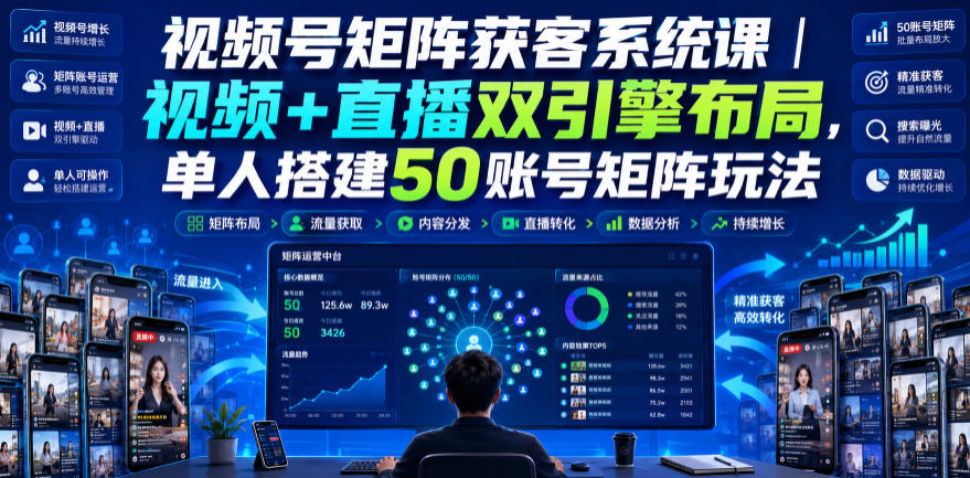 视频号矩阵获客系统课|视频+直播双引擎布局,单人搭建50账号矩阵玩法,流量入池、搜索占位、全域引流沉淀私域全流程教学插图 视频号矩阵获客系统课|视频+直播双引擎布局,单人搭建50账号矩阵玩法,流量入池、搜索占位、全域引流沉淀私域全流程教学插图