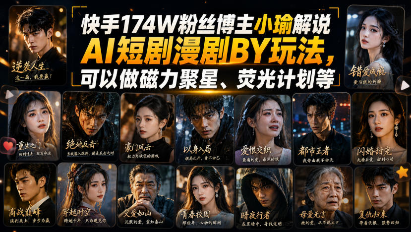 快手174W粉丝博主小瑜解说AI短剧漫剧搬运玩法,可以做磁力聚星、荧光计划等-网赚副业网