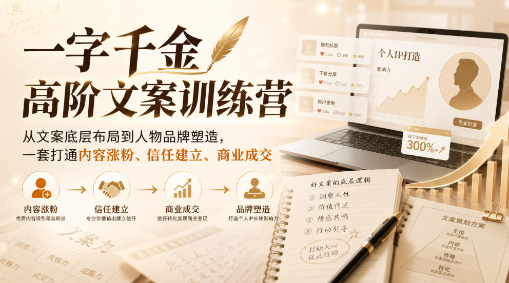 一字千金高阶文案训练营,从文案底层布局到人物品牌塑造,一套打通内容涨粉、信任建立、商业成交-网赚副业网