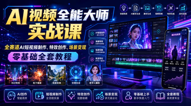 AI视频全能大师实战课|全赛道AI短视频制作、特效创作、场景变现零基础全套教程-网赚副业网