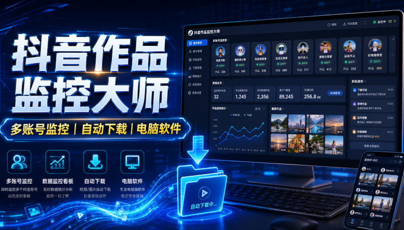抖音作品监控大师,多账号监控丨自动下载丨电脑软件-网赚副业网
