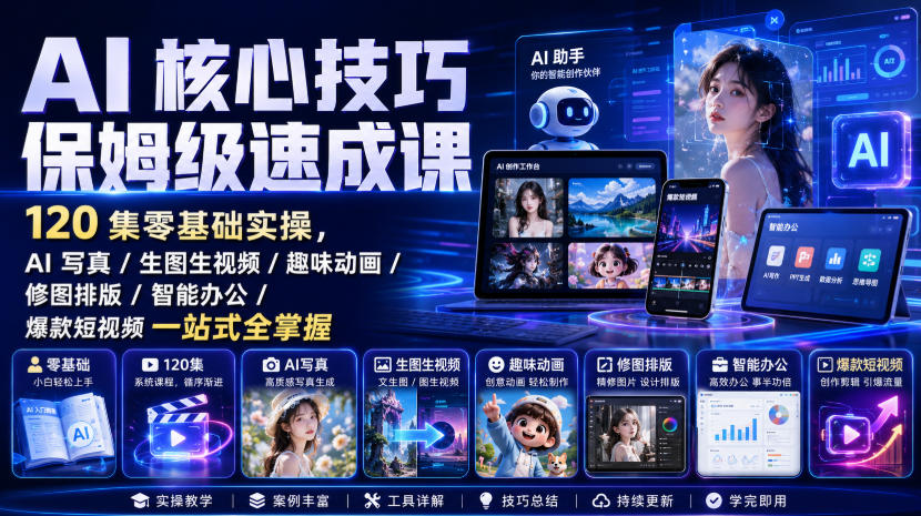 AI核心技巧保姆级速成课|120集零基础实操,AI写真/生图生视频/趣味动画/修图排版/智能办公/爆款短视频一站式全掌握插图 AI核心技巧保姆级速成课|120集零基础实操,AI写真/生图生视频/趣味动画/修图排版/智能办公/爆款短视频一站式全掌握插图