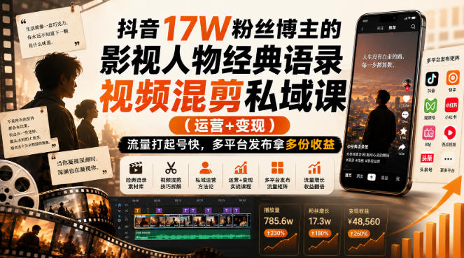 抖音17W粉丝博主的影视人物经典语录视频混剪私域课（运营+变现)，流量大起号快，多平台发布拿多份收益-网赚副业网