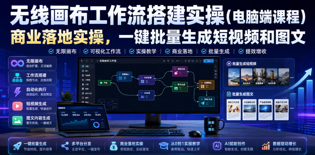 无线画布工作流搭建实操(电脑端课程),商业落地实操,一键批量生成短视频和图文插图 无线画布工作流搭建实操(电脑端课程),商业落地实操,一键批量生成短视频和图文插图