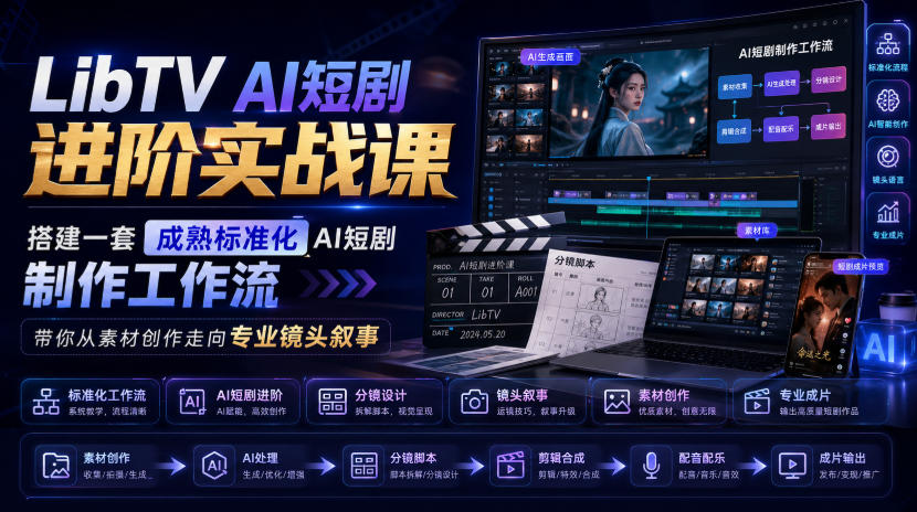 LibTV AI短剧进阶实战课,搭建一套成熟标准化AI短剧制作工作流,带你从素材创作走向专业镜头叙事-网赚副业网